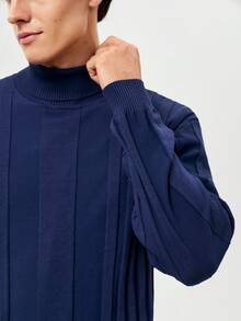 RONVEXI Sweater Rajut Kasual Lengan Panjang Kerah Tinggi Warna Polos untuk Pria - Royal Blue - View 2