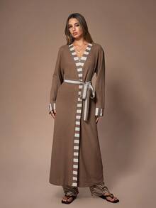 Lazeform 3pcs Women Sleepwear Pajama Set: Striped Print Long Sleeve Robe, Fitted Camisole, And Long Pants, Casual American Style, Fall & Winter Clothes - Brown - View 6