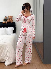 SHEIN 心形印花长袖睡衣套装 - 杏色 - 查看 3