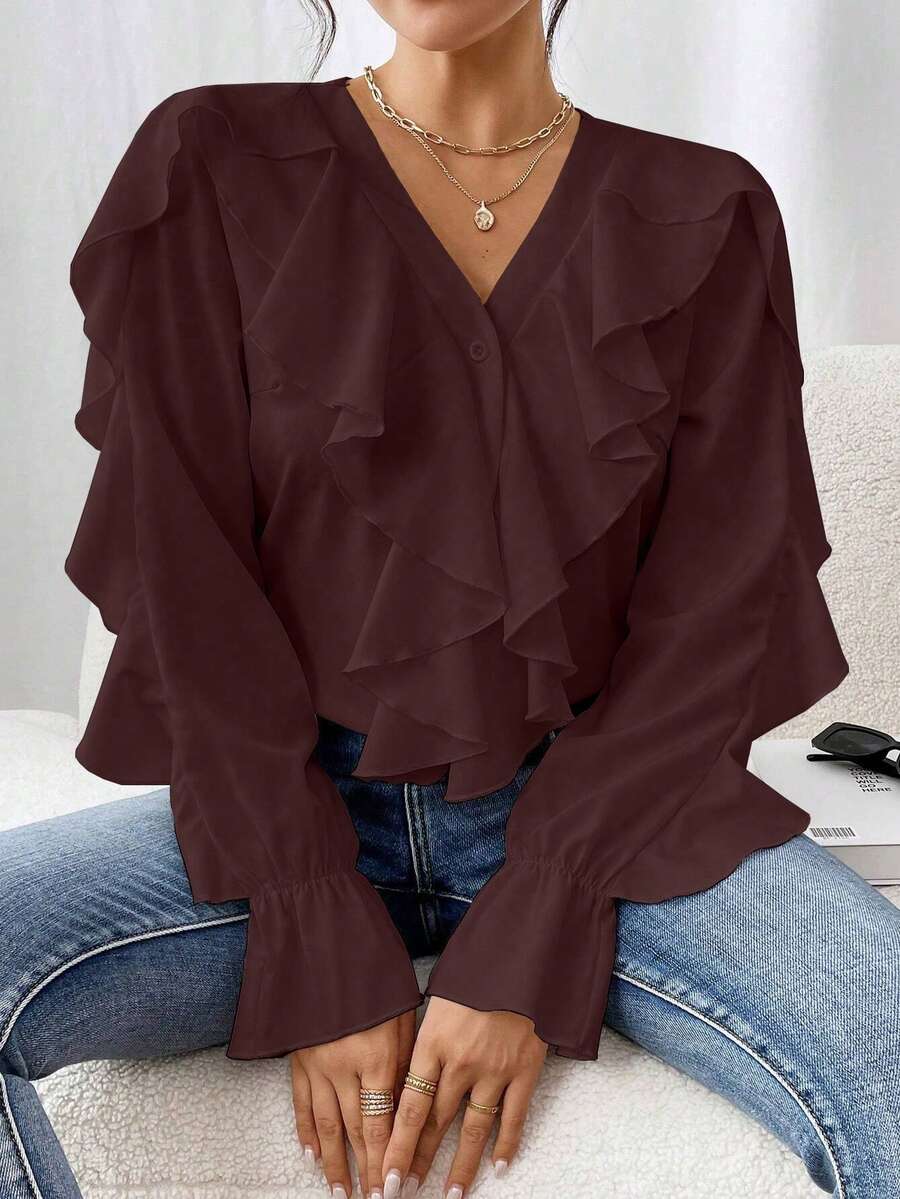 SHEIN Clasi 女士纯色V领荷叶边长袖优雅衬衫 - 酒紅色 - 查看 1