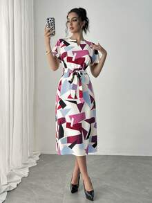 Elenzga 休闲优雅中长连衣裙，圆领，短袖，不对称色块印花，适合女士，春夏长款女装 - 藍色 - 查看 3