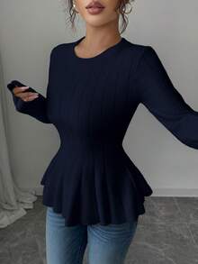 Elenzga 女式优雅修身圆领 A 字长袖纯色毛衣，秋季 - 藏蓝色 - 查看 3