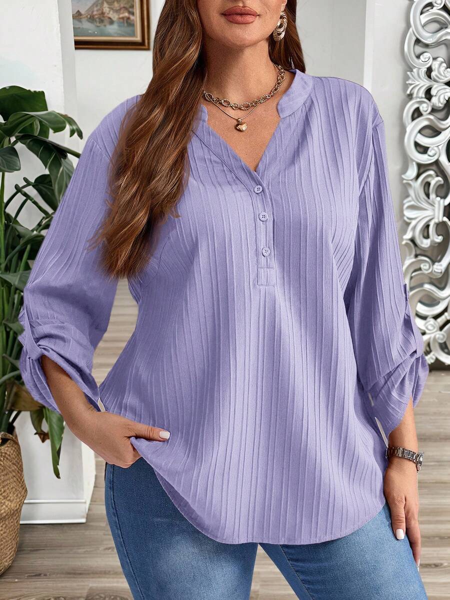 EMERY ROSE Plus Size Solid Color Notched Neck Roll Up Sleeve Casual Blouse ,Winter Clothes V Neck Blouses For Women Purple Blouse Women - Mauve Purple - View 1