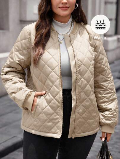 EMERY ROSE Plus Size Women's Solid Color Zip-Up Casual Baseball Collar Jacket, Autumn/Winter