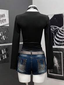 StreetHx 女款军绿色印花水钻装饰街头风 Y2K 酷炫返校休闲长袖T恤 - 黑色 - 查看 2