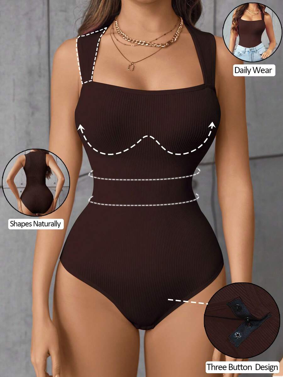 1pc Women Solid Seamless Waist Cincher Briefs Bodysuit Black Camisole Triangle Panty Shapewear Casual Tummy Control Body Shaper - Chocolate Brown - View 1