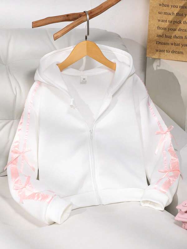SHEIN Girls' Jacket Coat, Solid Color Fashion Bow Sweatshirt Jacket, Comfortable Thick Fleece Lining Sweatshirt Fabric, Bow Sleeve Decoration, Youthful And Energetic Style, Suitable For Back To School Season Or Everyday Outdoor Wear