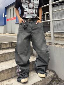 ROMWE MEN Street Life Men's Floral Embroidery Pattern Loose Fit Jeans - Grey - View 4