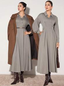 Modelyn Vestido midi elegante para mulher com gola de camisa e riscas cinzentas, manga comprida, estilo commuter para escritório, outono/inverno - Caqui - Ver 1