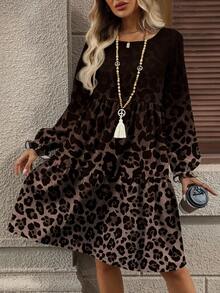 EMERY ROSE Casual Minimalist Ditsy Floral Pattern Loose Fit Round Neck Plus Size Dress, Suitable For Autumn/Winter Women Long Sleeve Dress Leopard Dress For Women Leopard Print Dress Cheetah Print Dress Animal Print Dress New Year Party Cheetah Dress For Women - Multicolor - View 5