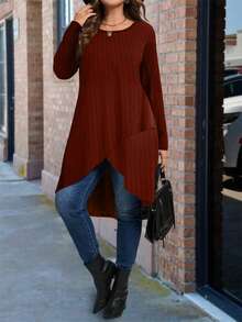 Plus Size Solid Color Long Asymmetrical Hem Crew Neck Long Sleeve T-Shirt - Burgundy - View 1