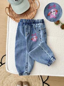 SHEIN Baby Girl Pink Cartoon Rabbit Pattern Blue Denim Loose Harem Pants,Pink And Blue,Summer,Casual,School,Fall,Winter,Fashionable Streetwear,2000s Jeans - Medium Wash - View 2