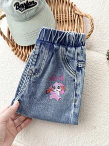 SHEIN Baby Girl Pink Cartoon Rabbit Pattern Blue Denim Loose Harem Pants,Pink And Blue,Summer,Casual,School,Fall,Winter,Fashionable Streetwear,2000s Jeans - Medium Wash - View 5