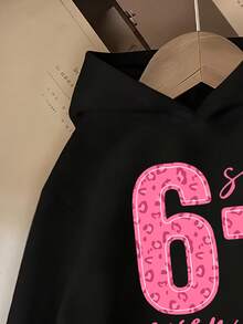 SHEIN 少女简约数字67图案休闲舒适黑色卫衣，适合冬季日常穿着、外出，秋冬季舒适百搭，时尚保暖卫衣 - 黑色 - 查看 4