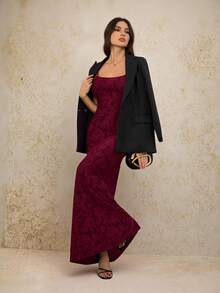 SHEIN Tall 优雅休闲通勤派对连衣裙简约剪裁提花针织面料 Ankola 红色长款吊带连衣裙机场装教师装外出装婚礼宾客紧身连衣裙办公室连衣裙复古风格端庄连衣裙酒红色连衣裙，女士秋季连衣裙，秋季婚礼宾客连衣裙 - 酒紅色 - 查看 7