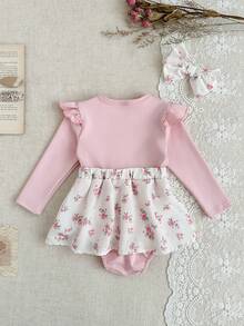 SHEIN 2件套女婴秋季连衣裙，优雅休闲日常款，长袖蝴蝶结装饰印花连衣裙及腰带 - 粉色 - 查看 8