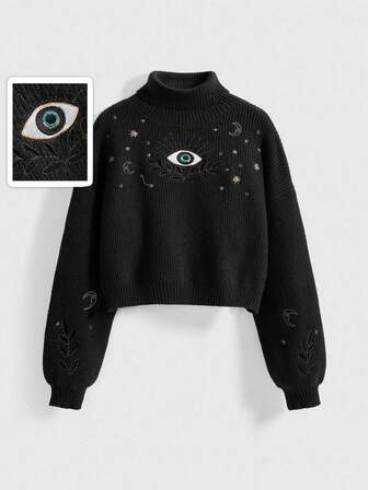 Hippie Retro Boho Vacation Style Moon & Star Embroidery Blue-Green Pullover Sweater