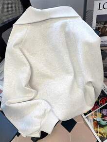 INAWLY Casual Loose High Collar Zipper Half-Zip Graphic Print Long Sleeve Sweatshirt - Light Grey - View 2