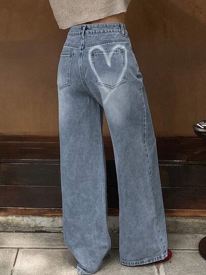 DAZY Heart Print Pocket Casual Versatile Wide Leg Jeans