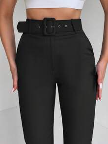 EURMUSE Solid High Waist Suit Trousers - Black - View 6