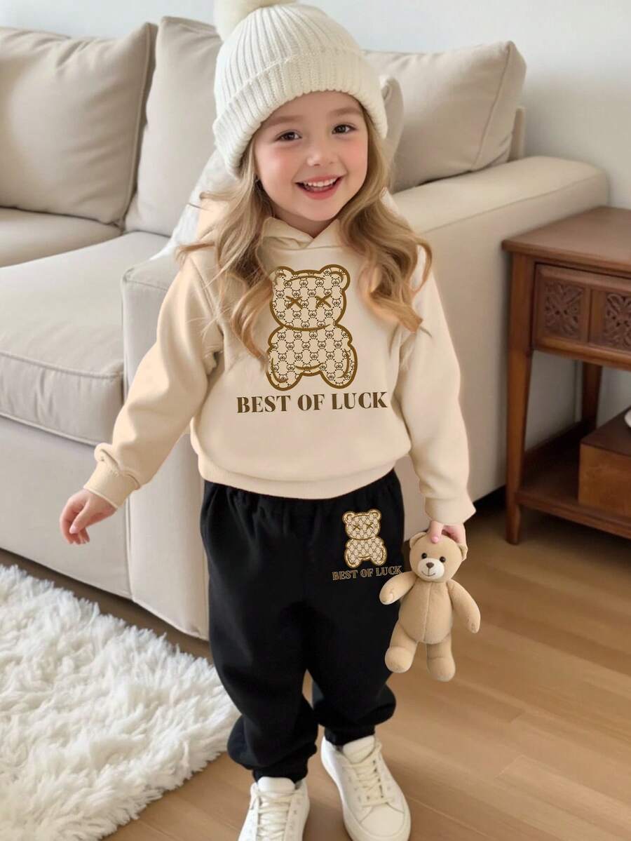 SHEIN 2 件套女婴休闲可爱卡通熊和字母印花圆领运动衫和运动裤套装，秋季服装 - 彩色 - 查看 1