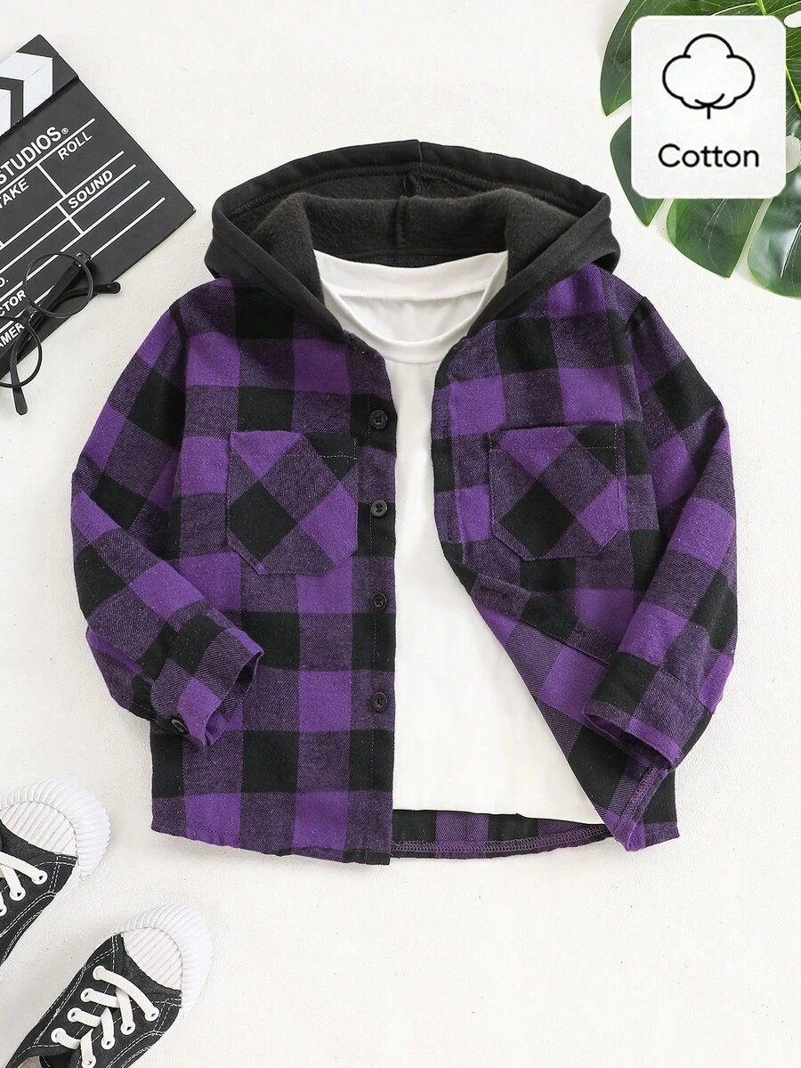 SHEIN Genkimix Kids Young BoyPlaid Pattern Hooded Shacket, Spring/Autumn - Purple - View 1