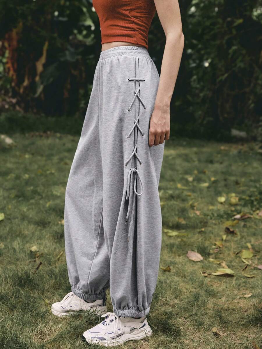 Medorelle 女士纯色弹力腰抽绳宽松运动裤 - 灰色 - 查看 1