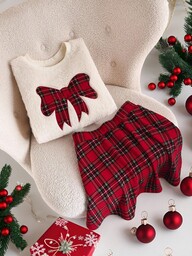 CosyJoli Plus Size Women Christmas & New Year Plaid Bow Embroidery Round Neck Long Sleeve Fleece Top And Pants Set, Matching Family Outfits/Winter