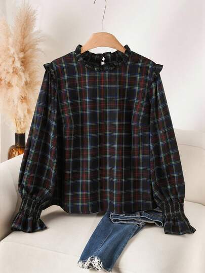 CosyJoli 大码休闲红色格子荷叶边圆领H字型套头衫