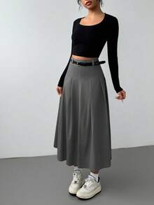 RosyDaze Spring & Autumn New High Waist A-Line Knee-Length Pleated Skirt - Dark Grey - View 5