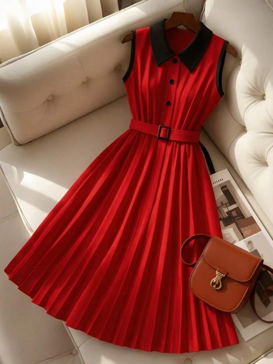 Franclia Đầm xếp ly không tay cổ màu tương phản thanh lịch dành cho nữ, trang phục mùa hè cho trường đại học - Đỏ - Xem 1