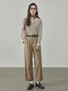 Blusa suéter para mujer manga larga cuello polo rayas beige negro casual dama cómoda suave ligera elegante otoño invierno oficina diario estilos acogedores de otoño&invierno blusas para mujer suéteres de mujer moda coreana básica moderna - Beis - Ver 5