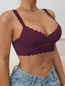 SHEIN Women Sexy Elegant Solid Color Floral Lace Scallop Trim Push Up Underwire Instantlift Bra Lingerie - Purple - View 5