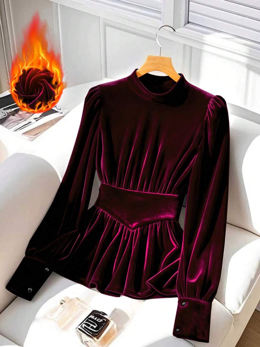 GlowEve 25+ Plus Size Women's Elegant Comfortable Velvet Fabric High Neck Loose Regular Length Long Sleeve Casual, Date, Party Wear T-Shirt, Black, Autumn/Winter, Christmas, New Year - Burgundy - View 1