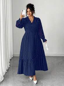 Elenzga Plus Size Women Elegant V-Neck Polka Dot Long Sleeve Dress Fall - Navy Blue - View 1