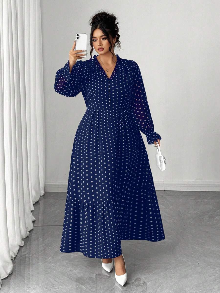 Elenzga Plus Size Women Elegant V-Neck Polka Dot Long Sleeve Dress Fall - Navy Blue - View 1