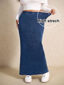 SHEIN CURVE+ 大码女式休闲日常通勤百搭弹力腰修身荷叶边牛仔裙夏季女裙夏季穿搭春季女装复活节女装节日女装沙滩裙沙滩装毕业裙休闲裙度假装女装假日装女装工作装蓝色女裙 - 中等水洗藍 - 查看 4