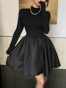 DAZY Robe mini élégante plissée à col montant et manches longues, couleur unie pour femmes - Noir - Voir 5