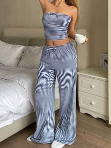 SHEIN 少女 BM 风格休闲搭配海军蓝和白色条纹蝴蝶结抹胸和阔腿裤套装