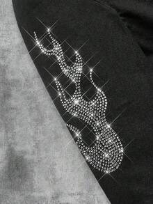 Young Boy Urban Street Flame Rhinestone Portrait Graphic Lapel Long Sleeve Loose Fit Black Denim Jacket, Fall Winter, Dailywear, Streetwear,Christmas,New Year,Thanksgiving,2000s