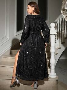 SHEIN Clasi Curvy Plus Size Women's Elegant Black Sequin V-Neck Long Sleeve Split Hem Formal Dress,Autumn Winter Evening Wedding Guest Party Long Dress - Black - View 7