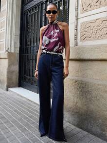 Maija 女士优雅通勤印花露背吊带上衣，夏季圣诞新年海滩度假红色上衣，节日社交上衣