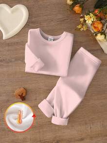 女童纯粉色圆领长袖上衣搭配长裤，简约甜美，百搭实用，针织弹力面料，舒适柔软，加厚保暖内里，适合秋冬季穿着。 - 藕粉色 - 查看 4