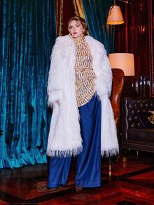 VOLUPTÉ CURVE Plus Size Winter White Faux Fur Lapel Long-Sleeve Loose Full-Length Side Pocket Elegant Coat For Parties, Going Out, Birthdays, Graduation - White - View 5