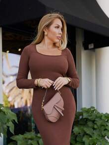 Cioccolato Vestido negro entallado de cuello cuadrado sólido con mangas - Café integral - Ver 4