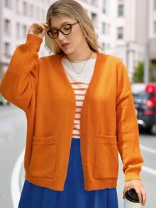 Rosumi 大码女式秋冬休闲街头风纯色焦橙色开衫，带口袋，适合多种场合，如冬季、圣诞节、新年、万圣节、外出等，2025新款，简约时尚，日常穿着。 - 亮橙色 - 查看 5