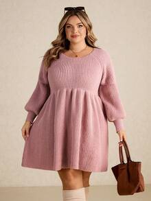 SHEIN CURVE+ 加大码/情人节/大码休闲优雅蕾丝拼接收腰A字针织连衣裙/冬季/2026/新年 - 藕粉色 - 查看 5