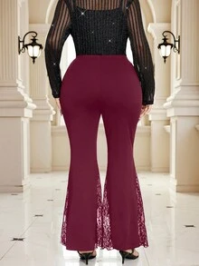SHEIN Clasi Quần ống loe bó sát phối ren co giãn cỡ lớn màu đen - Màu Đỏ Sâu - Xem 2