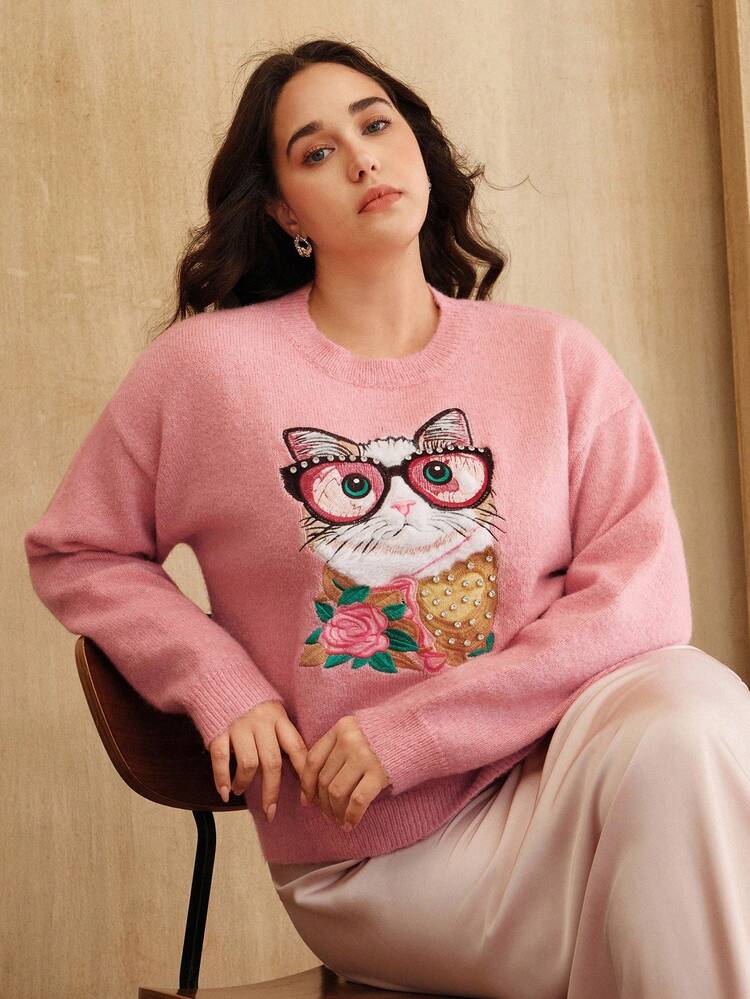 Elegant Plus Size Chunky Knit Sweater With Embroidered Cherry Cat Design, Suitable For Autumn, Winter, Formal, Party, Chic, Christmas, Plus Size
