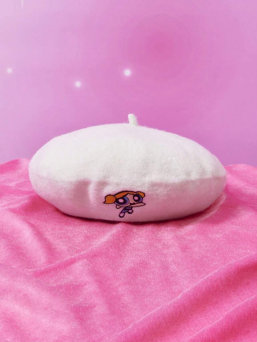 THE POWERPUFF GIRLS X SHEIN Women's Cute Cartoon Bubbles Embroidered Beret Hat, Suitable For Autumn Daily Wear - White - View 1